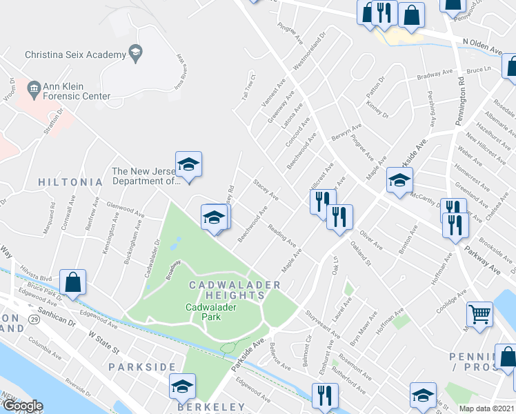 map of restaurants, bars, coffee shops, grocery stores, and more near 225 Beechwood Avenue in Trenton
