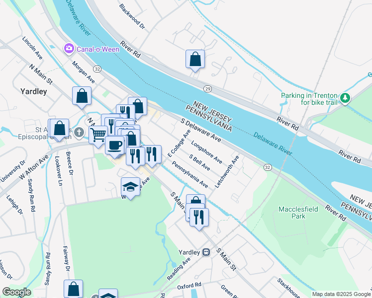 map of restaurants, bars, coffee shops, grocery stores, and more near 108 South Bell Avenue in Yardley