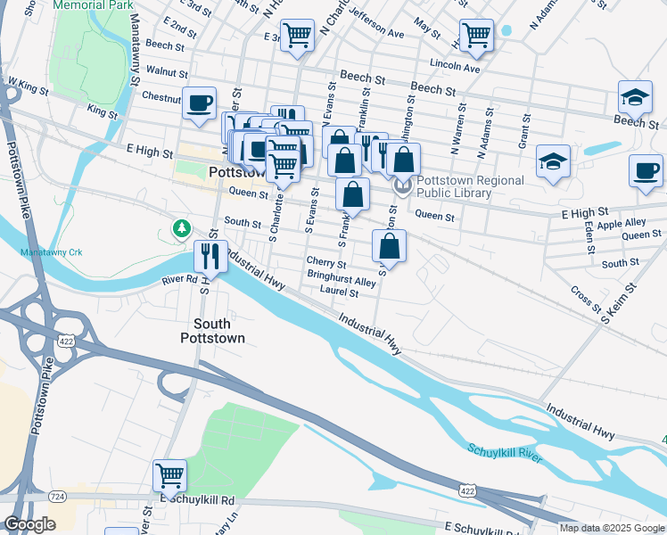 map of restaurants, bars, coffee shops, grocery stores, and more near 153 South Franklin Street in Pottstown