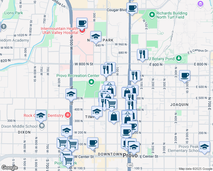 map of restaurants, bars, coffee shops, grocery stores, and more near 612 N Freedom Blvd in Provo