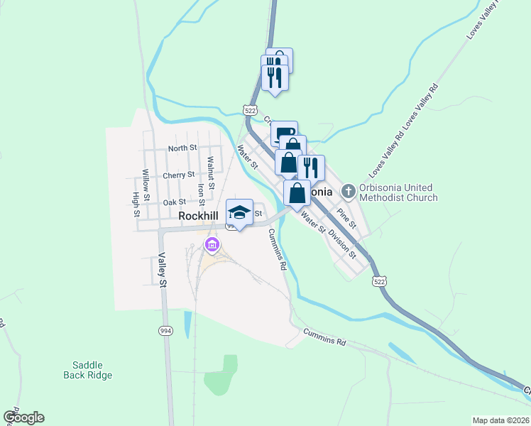 map of restaurants, bars, coffee shops, grocery stores, and more near Elm Street in Rockhill