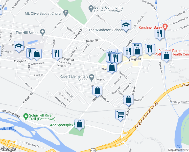 map of restaurants, bars, coffee shops, grocery stores, and more near 73 South Mount Vernon Street in Pottstown