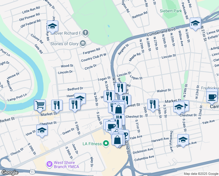 map of restaurants, bars, coffee shops, grocery stores, and more near 133 North 33rd Street in Camp Hill