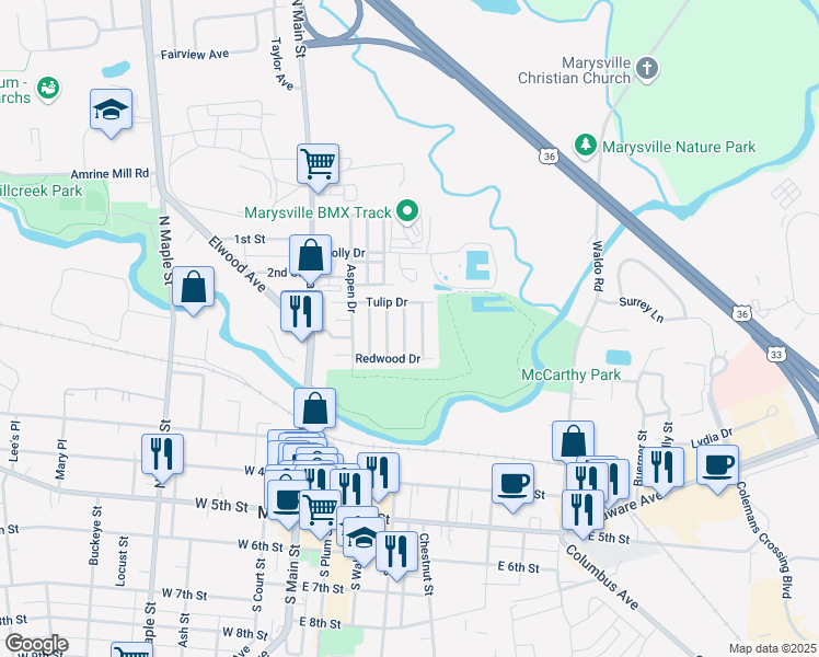 map of restaurants, bars, coffee shops, grocery stores, and more near 264 Dogwood Drive in Marysville