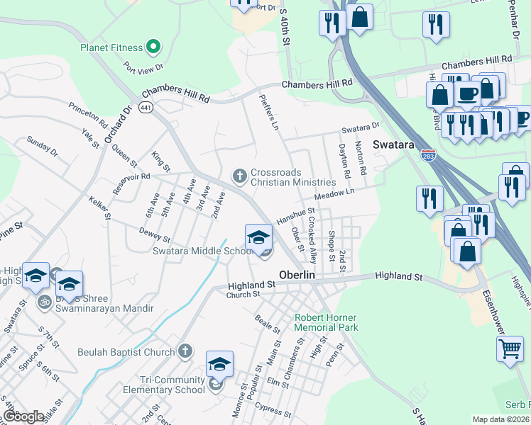 map of restaurants, bars, coffee shops, grocery stores, and more near 210 North Harrisburg Street in Oberlin