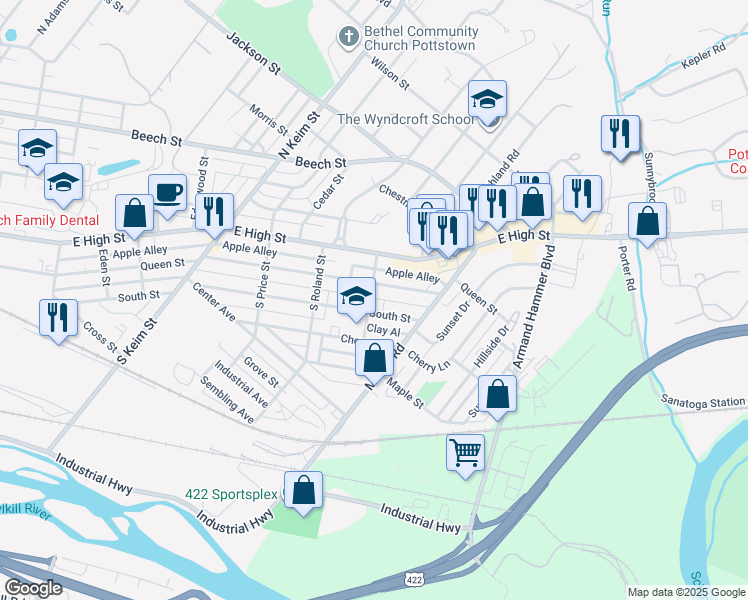 map of restaurants, bars, coffee shops, grocery stores, and more near 1304 Queen Street in Pottstown