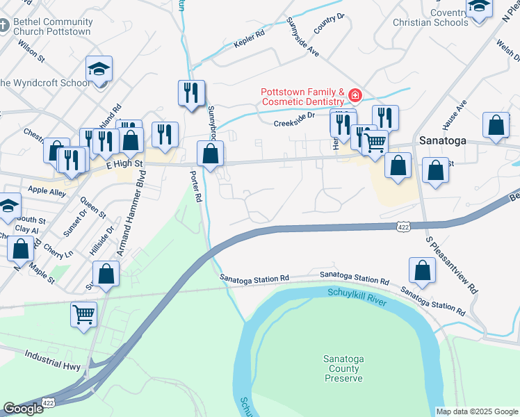 map of restaurants, bars, coffee shops, grocery stores, and more near 1258 Bramblewood Court in Pottstown