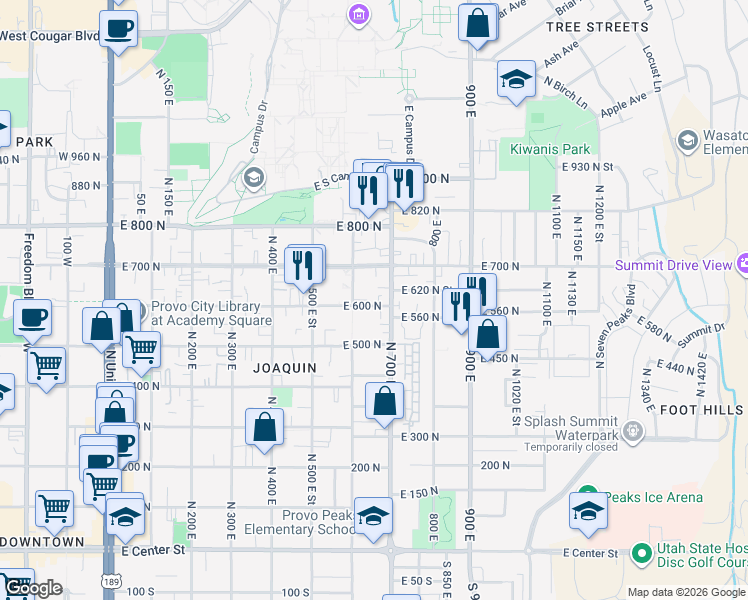 map of restaurants, bars, coffee shops, grocery stores, and more near 655 East 600 North in Provo