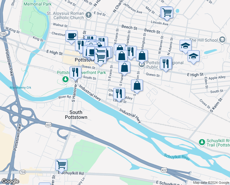map of restaurants, bars, coffee shops, grocery stores, and more near 370 Cherry Street in Pottstown