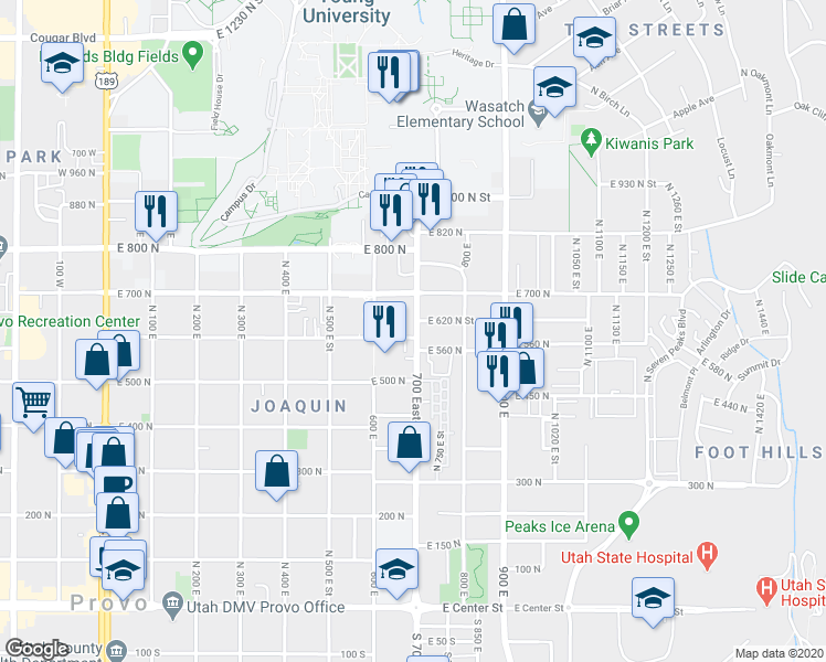 map of restaurants, bars, coffee shops, grocery stores, and more near 614 700 East in Provo