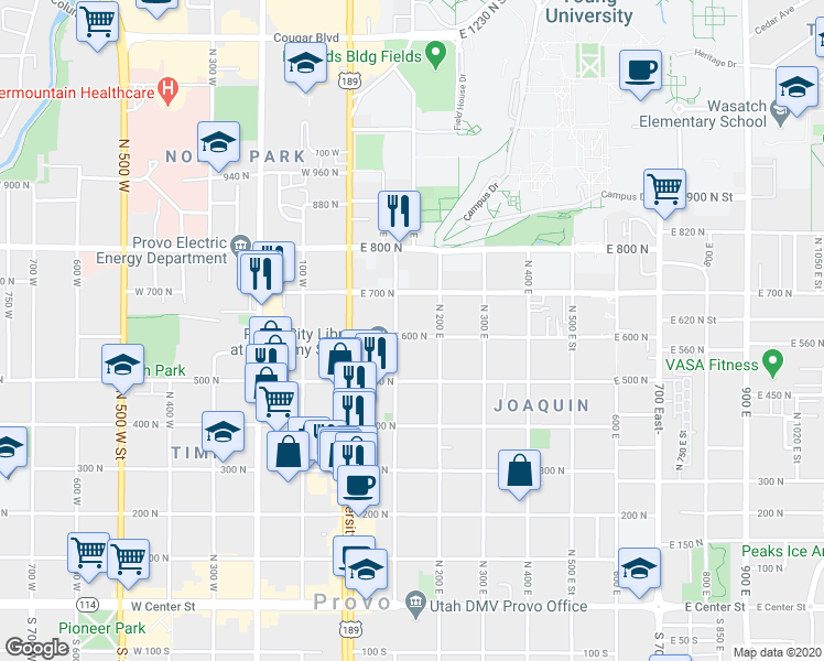 map of restaurants, bars, coffee shops, grocery stores, and more near 195 East 600 North in Provo