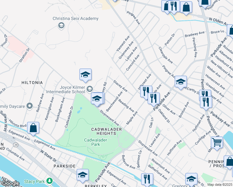 map of restaurants, bars, coffee shops, grocery stores, and more near 318 Reading Avenue in Trenton