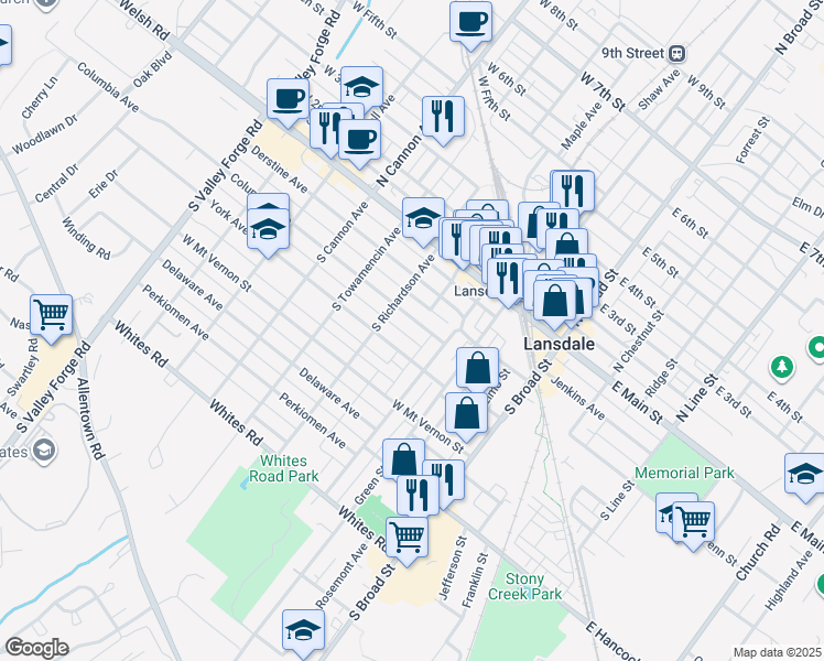 map of restaurants, bars, coffee shops, grocery stores, and more near 402 Columbia Avenue in Lansdale