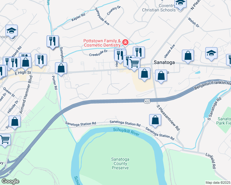 map of restaurants, bars, coffee shops, grocery stores, and more near 1058 Maple Glen Circle in Pottstown