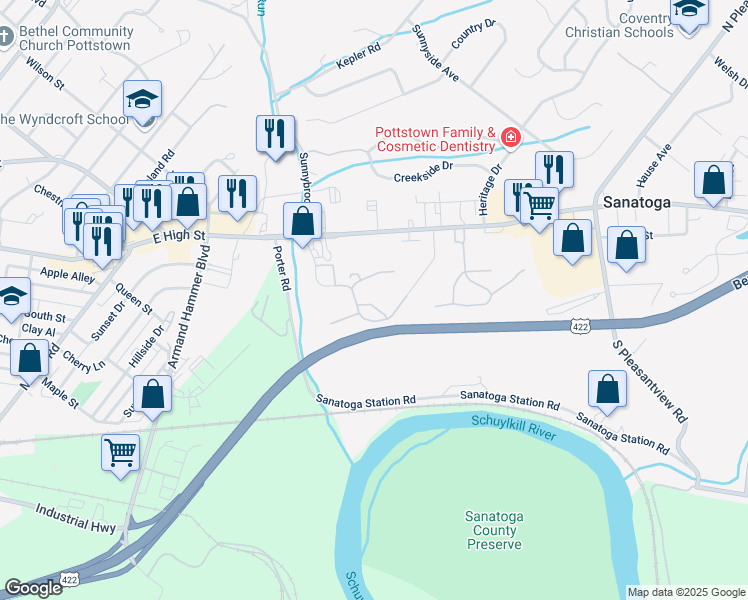 map of restaurants, bars, coffee shops, grocery stores, and more near 1258 Bramblewood Court in Pottstown