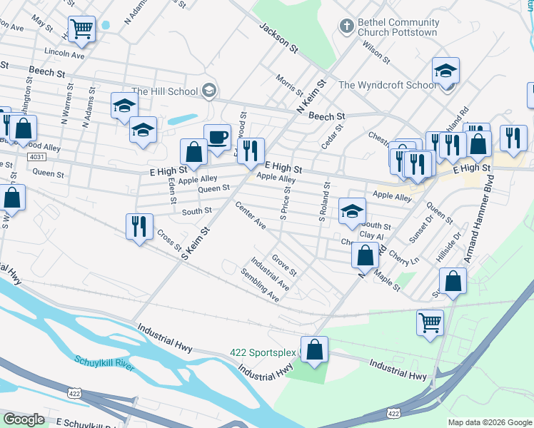 map of restaurants, bars, coffee shops, grocery stores, and more near 1070 South Street in Pottstown