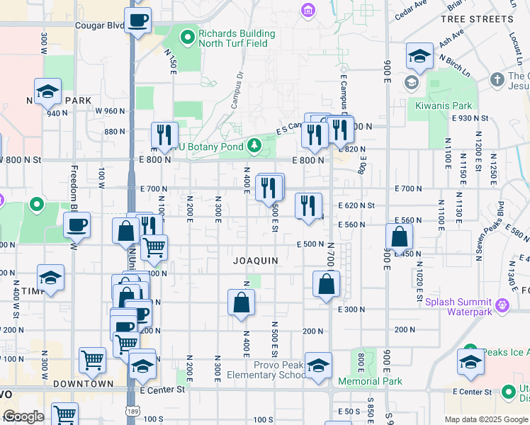 map of restaurants, bars, coffee shops, grocery stores, and more near 471 East 600 North in Provo