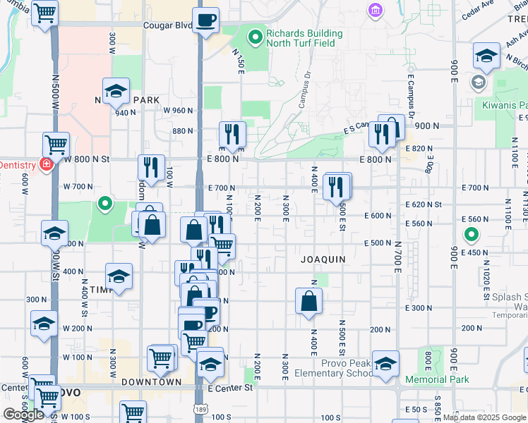 map of restaurants, bars, coffee shops, grocery stores, and more near 642 North 200 East in Provo