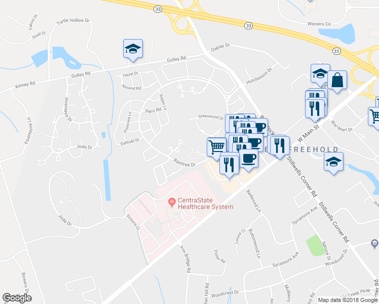 map of restaurants, bars, coffee shops, grocery stores, and more near 34 Evergreen Court in Freehold