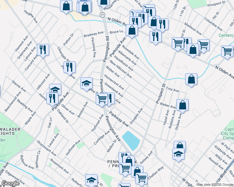 map of restaurants, bars, coffee shops, grocery stores, and more near 208 Greenland Avenue in Ewing Township