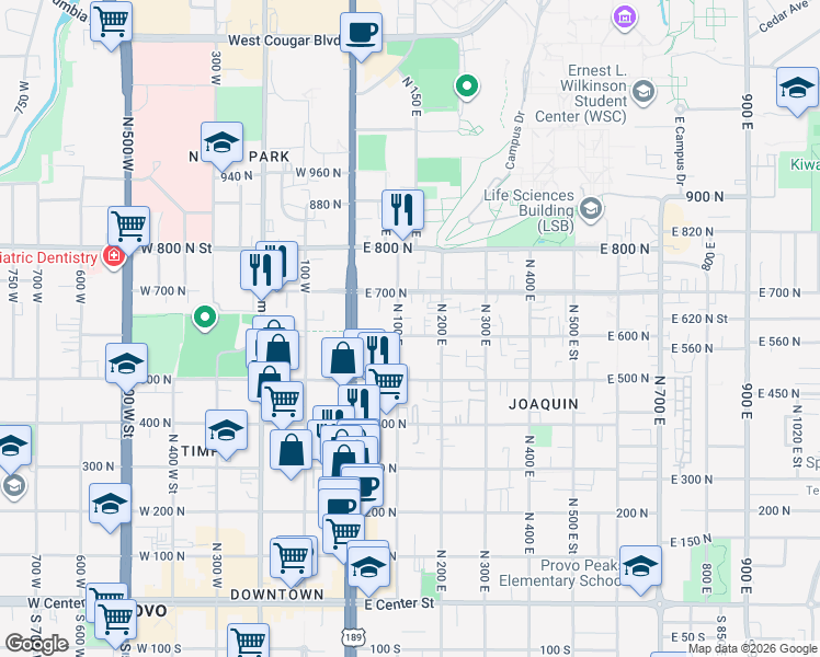 map of restaurants, bars, coffee shops, grocery stores, and more near 617 North 100 East in Provo