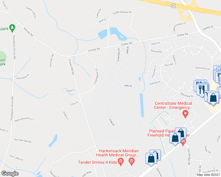 map of restaurants, bars, coffee shops, grocery stores, and more near 31 Haverford Court in Freehold