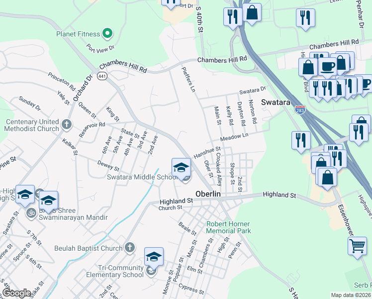 map of restaurants, bars, coffee shops, grocery stores, and more near 210 North Harrisburg Street in Oberlin