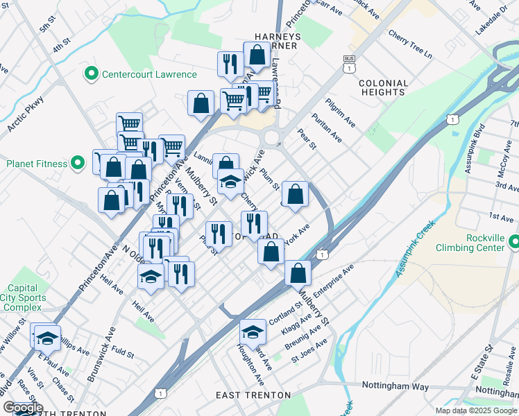 map of restaurants, bars, coffee shops, grocery stores, and more near 1102 Indiana Avenue in Trenton