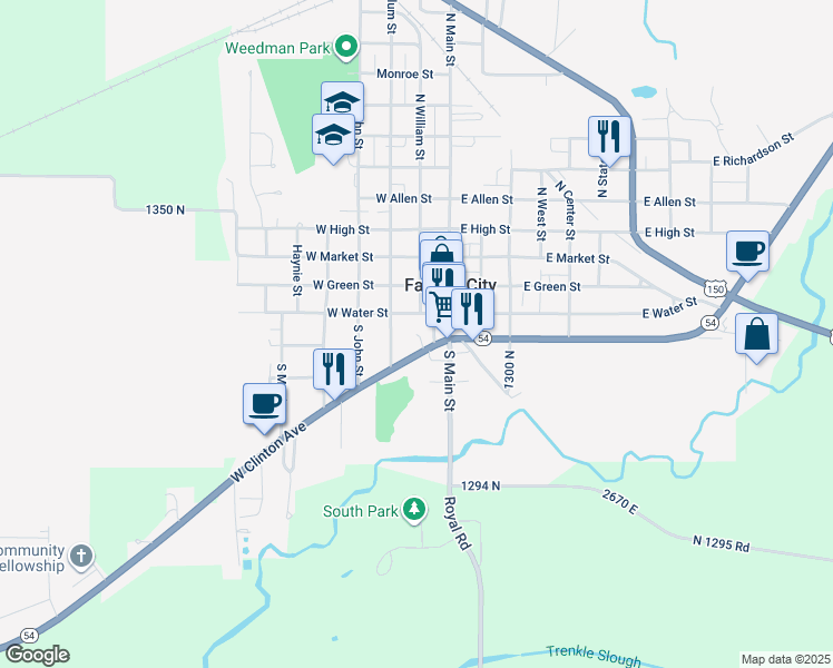 map of restaurants, bars, coffee shops, grocery stores, and more near 2 Cedar Circle in Farmer City