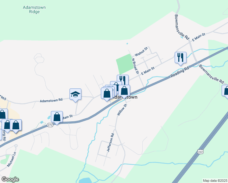 map of restaurants, bars, coffee shops, grocery stores, and more near 111 West Main Street in Reinholds