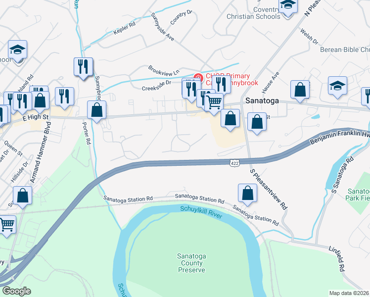 map of restaurants, bars, coffee shops, grocery stores, and more near 1058 Maple Glen Circle in Pottstown