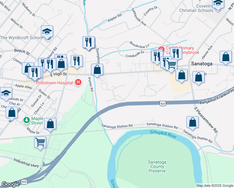 map of restaurants, bars, coffee shops, grocery stores, and more near 418 Dogwood Court in Pottstown
