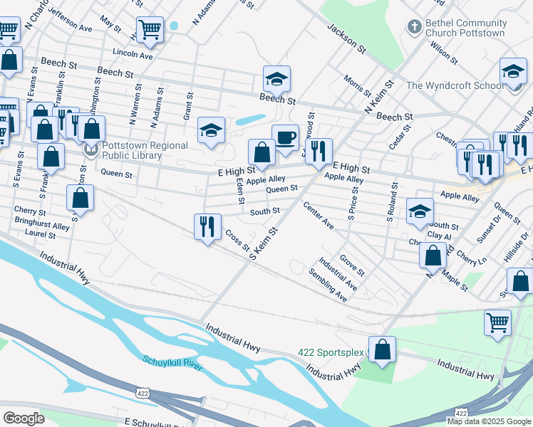 map of restaurants, bars, coffee shops, grocery stores, and more near 892 South Street in Pottstown