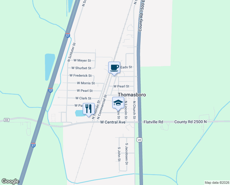 map of restaurants, bars, coffee shops, grocery stores, and more near 302 West Clark Street in Thomasboro