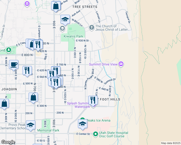 map of restaurants, bars, coffee shops, grocery stores, and more near 617 North Seven Peaks Boulevard in Provo