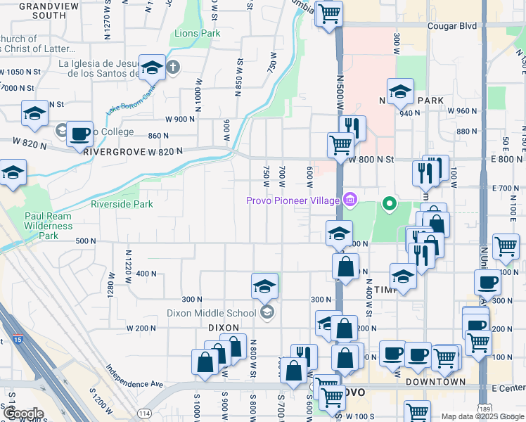 map of restaurants, bars, coffee shops, grocery stores, and more near 615n 750 West in Provo
