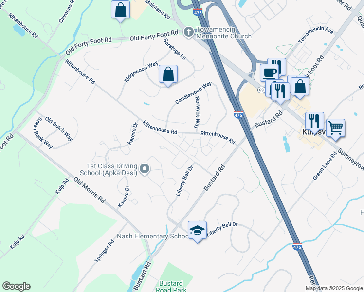 map of restaurants, bars, coffee shops, grocery stores, and more near 111 Durham Court in Harleysville