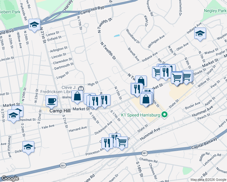 map of restaurants, bars, coffee shops, grocery stores, and more near 1506 Walnut Street in Camp Hill