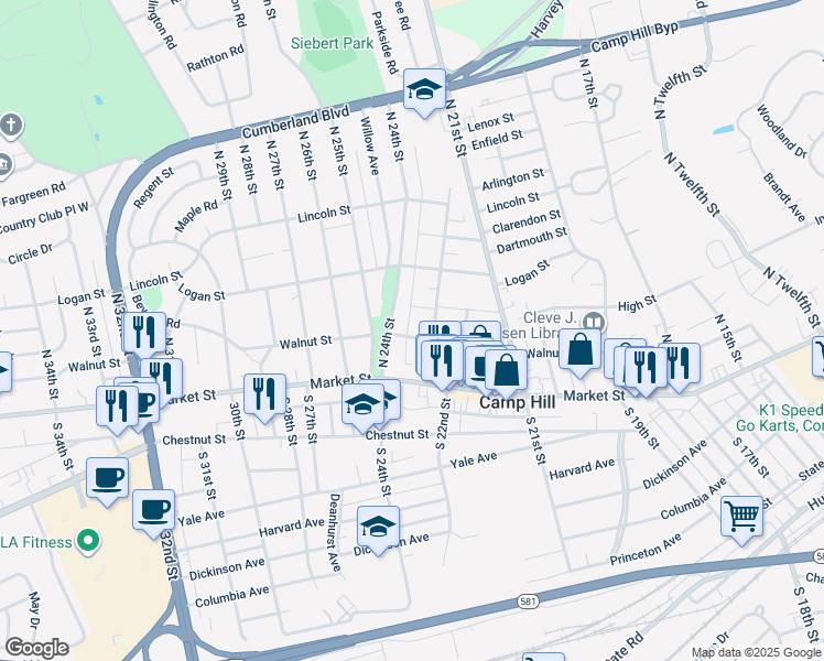 map of restaurants, bars, coffee shops, grocery stores, and more near 2314 Walnut Street in Camp Hill