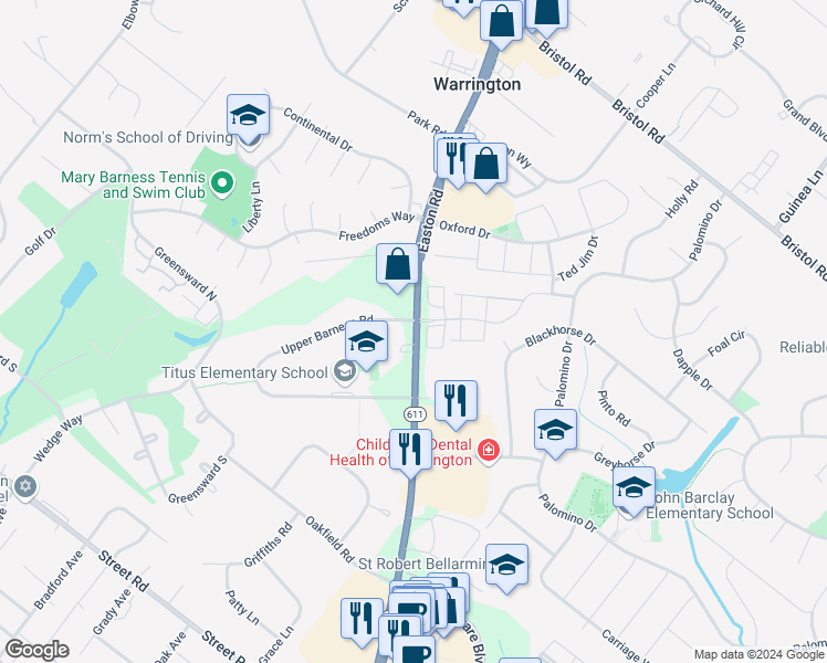 map of restaurants, bars, coffee shops, grocery stores, and more near 1334 Easton Road in Warrington