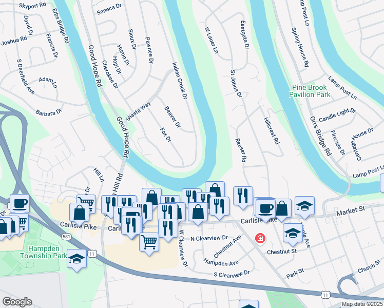 map of restaurants, bars, coffee shops, grocery stores, and more near 206 Fox Drive in Mechanicsburg