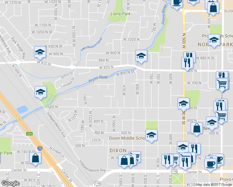 map of restaurants, bars, coffee shops, grocery stores, and more near 606 North 1050 West in Provo
