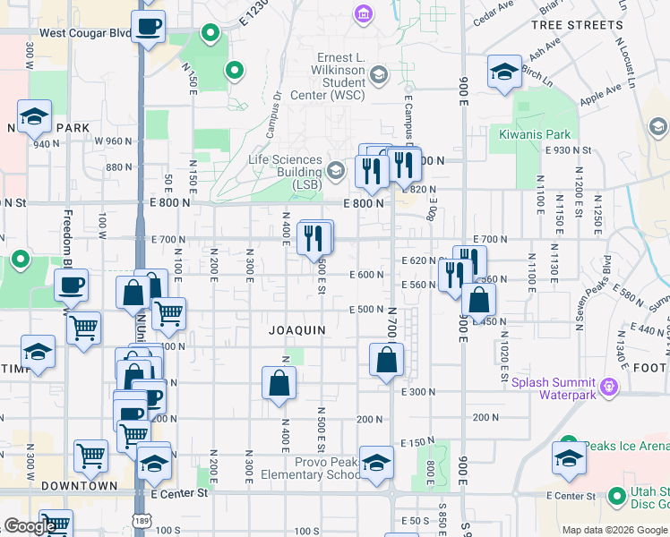 map of restaurants, bars, coffee shops, grocery stores, and more near 535 East 600 North in Provo