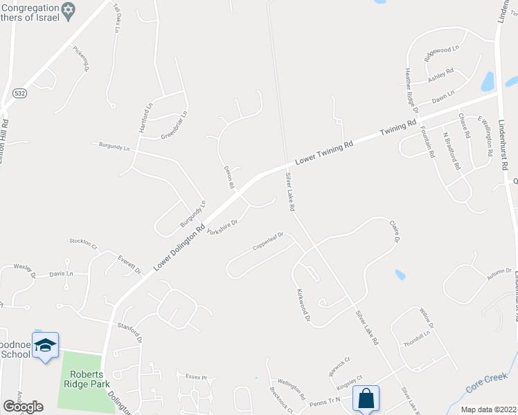 map of restaurants, bars, coffee shops, grocery stores, and more near 5 Hill Haven Court in Newtown