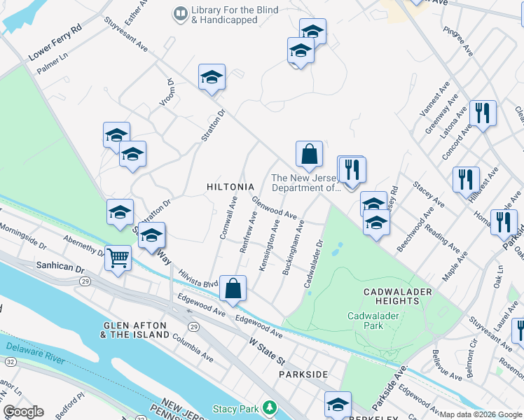 map of restaurants, bars, coffee shops, grocery stores, and more near 122 Renfrew Avenue in Trenton