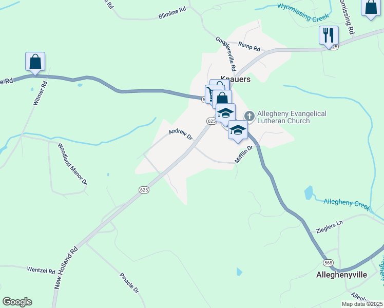 map of restaurants, bars, coffee shops, grocery stores, and more near 5004 Mifflin Drive in Mohnton