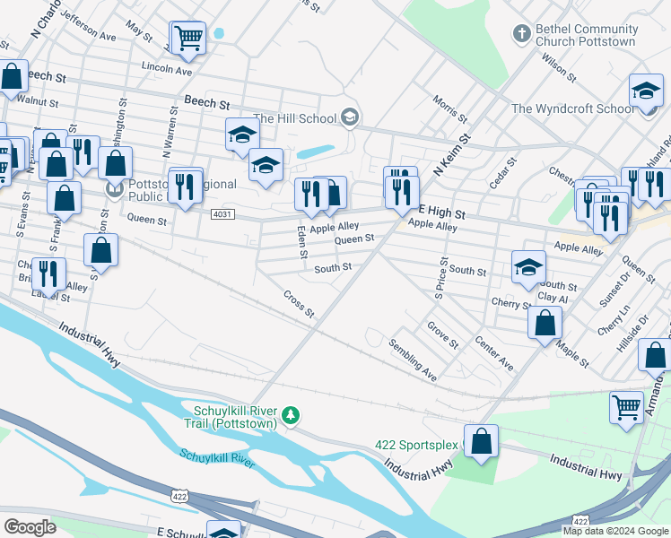 map of restaurants, bars, coffee shops, grocery stores, and more near 890 South Street in Pottstown