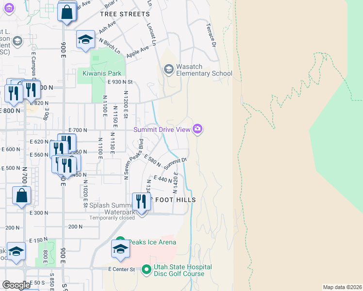 map of restaurants, bars, coffee shops, grocery stores, and more near 635 Ridge Drive in Provo