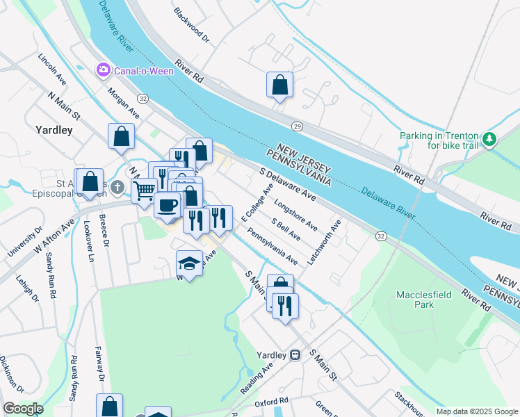 map of restaurants, bars, coffee shops, grocery stores, and more near 108 South Bell Avenue in Yardley