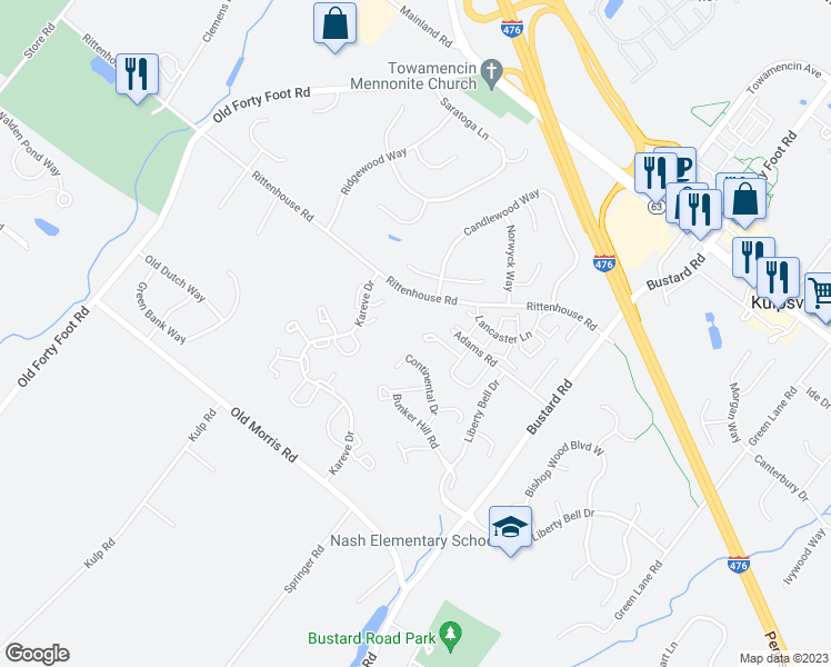 map of restaurants, bars, coffee shops, grocery stores, and more near 501 Heritage Drive in Harleysville